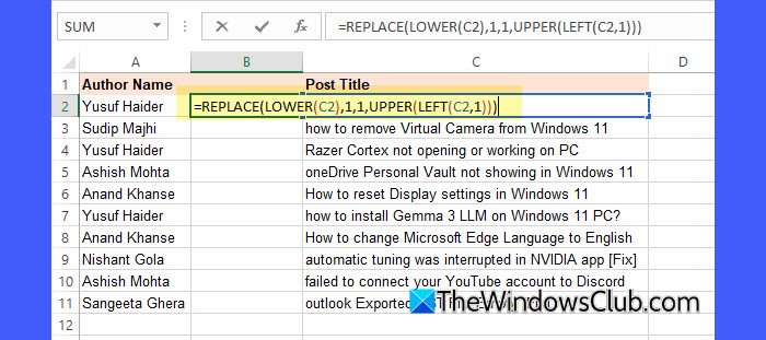 Applying formula for capitalization in Excel