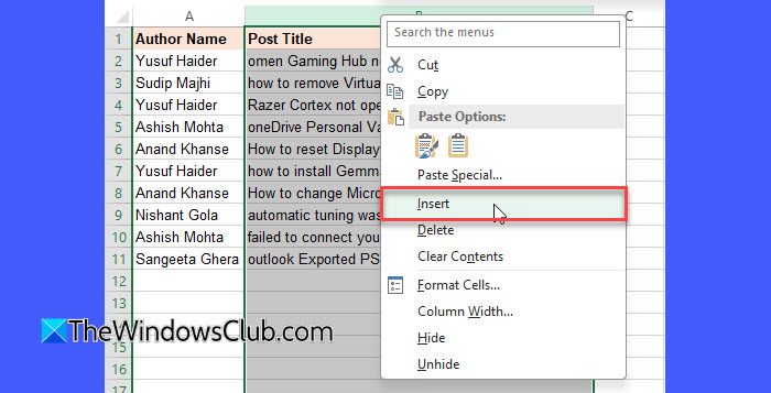 Insert Column in Excel
