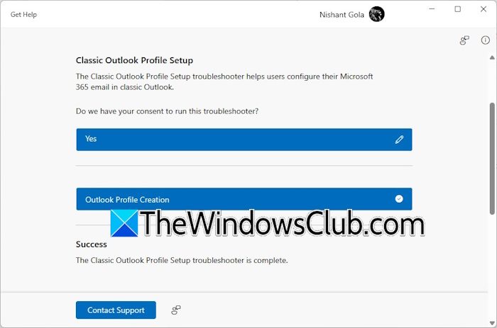 Outlook Profile Setup troubelshooter is complete