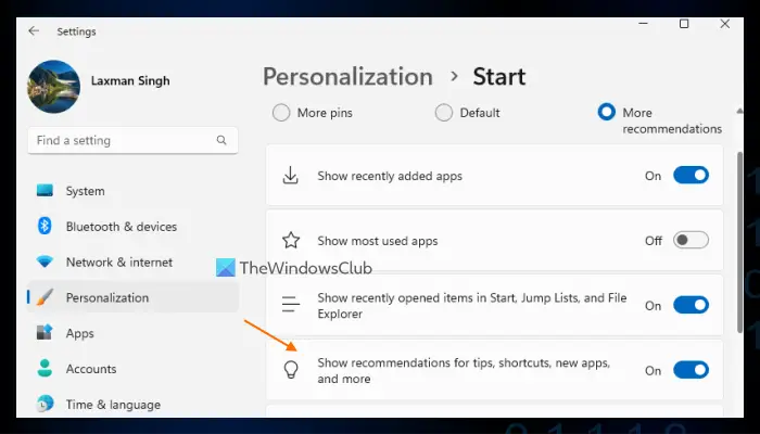 Turn off Show recommendations for tips, shortcuts, new apps Windows 11