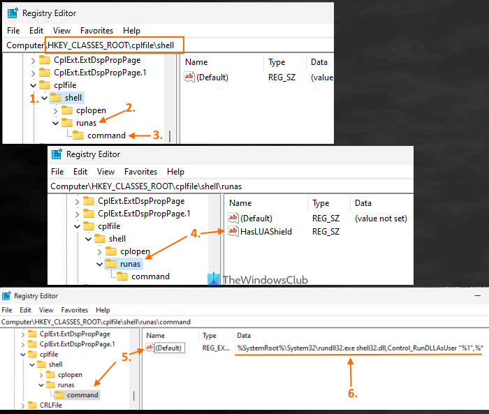 set registry entries for cpl file run as administrator option