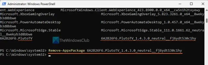 uninstall pluto tv using powershell