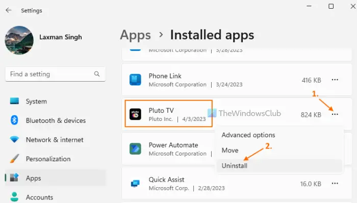 uninstall pluto tv using settings app