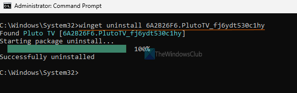 use windows package manager to uninstall pluto tv