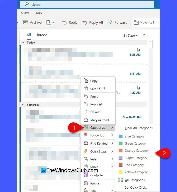 Assign category in classic outlook