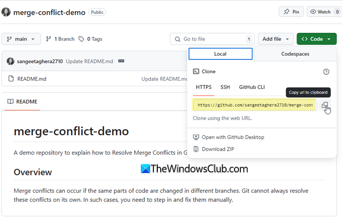 Copy GitHub repo link