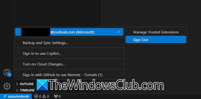 Sign out VSCode remote computer