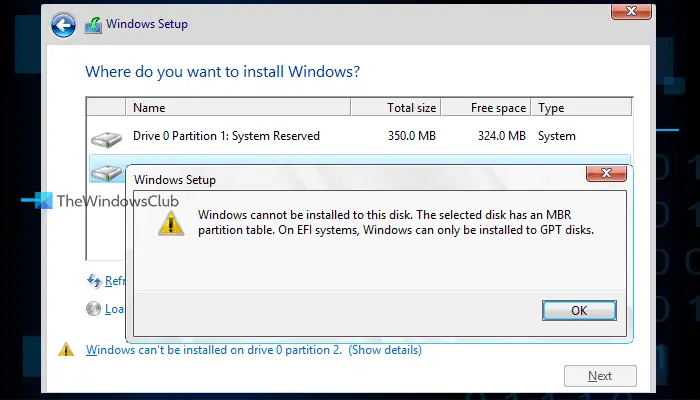 The selected disk has an MBR partition table [Fix]