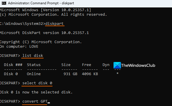 convert mbr to gpt diskpart