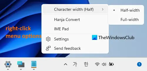 korean input mode right click options