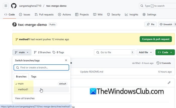 method1 branch created on GitHub