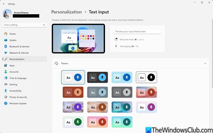 Change Touch Keyboard, Emoji Panel, Voice Typing Theme