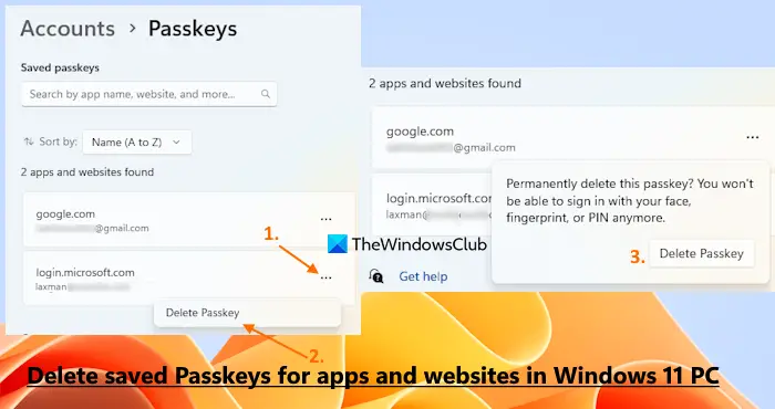 Delete saved Passkeys for apps websites Windows 11