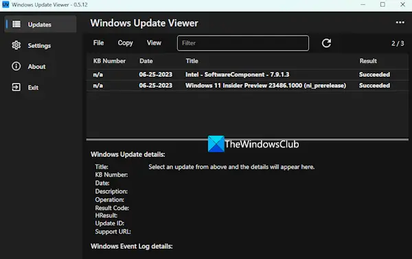 Windows Update Viewer-Schnittstelle