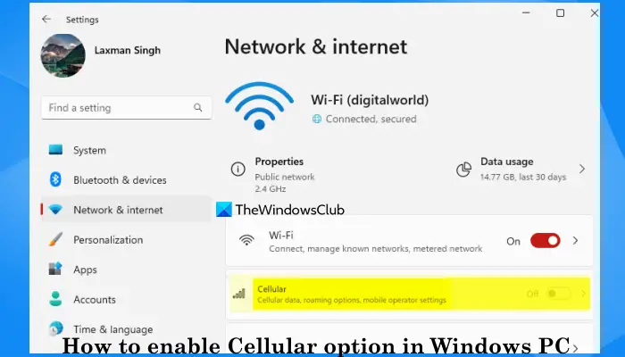 enable cellular option in windows pc