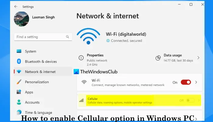 enable cellular option in windows using settings app