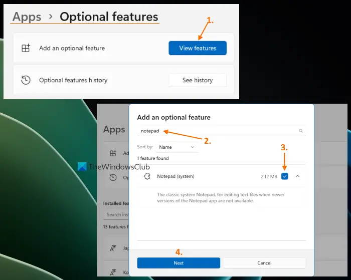 install classic notepad using optional features windows 11