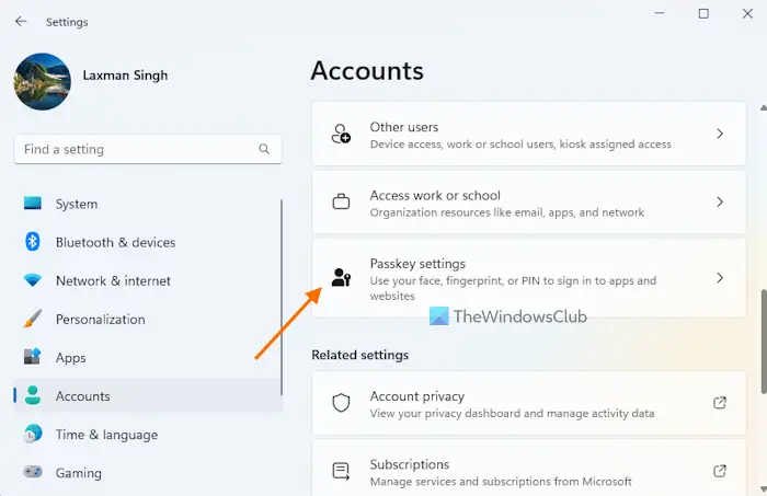 passkey settings in windows 11 settings app