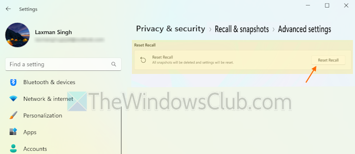reset recall windows settings