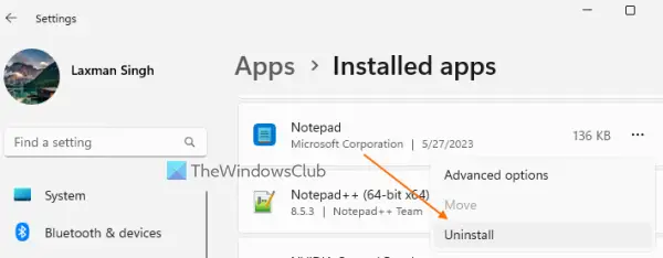 uninstall new notepad app to restore classic notepad