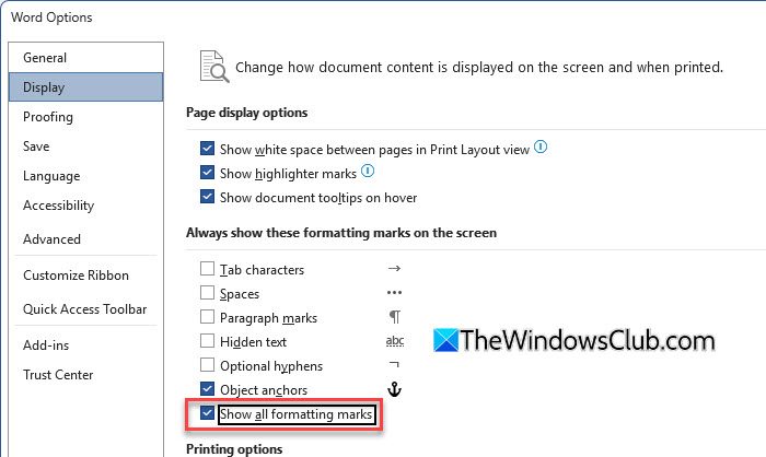 Word Options