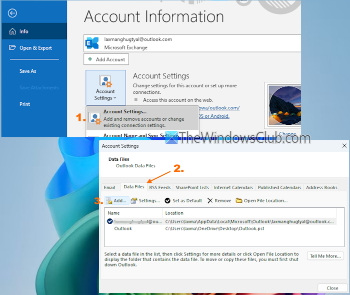 add data file account settings add data file account settings