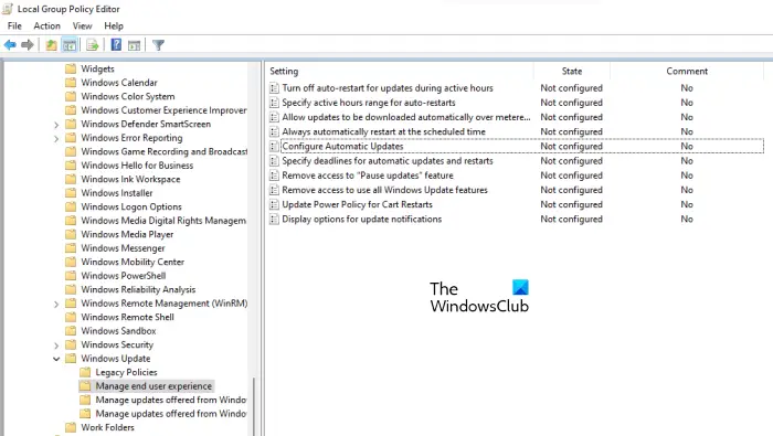 Change the Configured Windows Update Policies