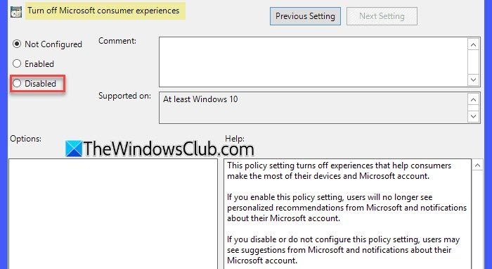 Turn off Microsoft consumer experiences