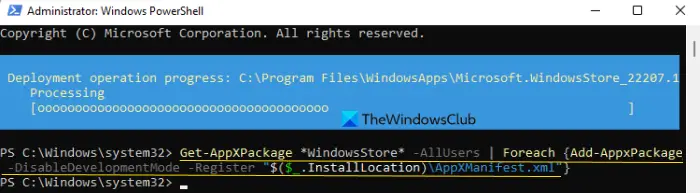 re-register microsoft store app using powershell