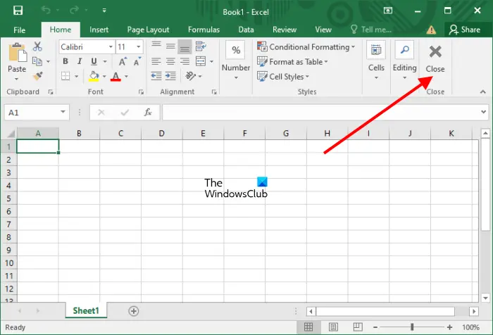 Close button on Excel Ribbon