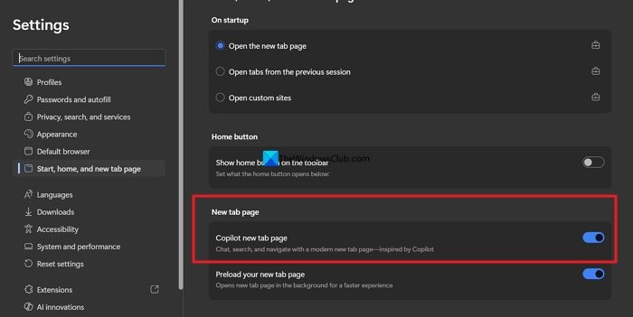 Copilot new tab page