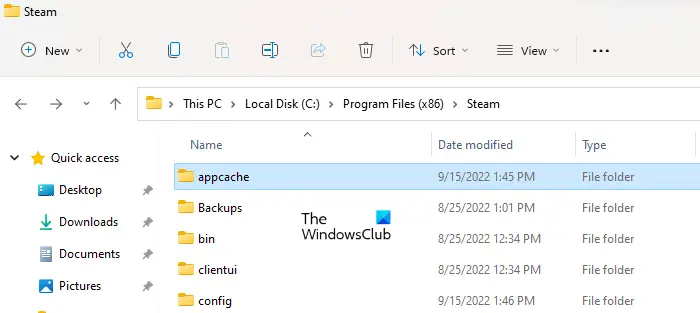 Delete Steam appcache folder