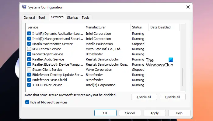 Disable background services using MSConfig