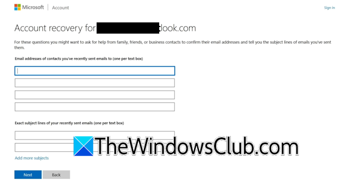 Microsoft account recovery previously sent emails