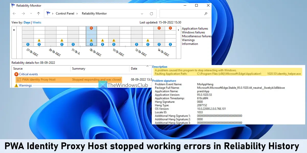 PWA Identity Proxy Host stopped working errors in Reliability History
