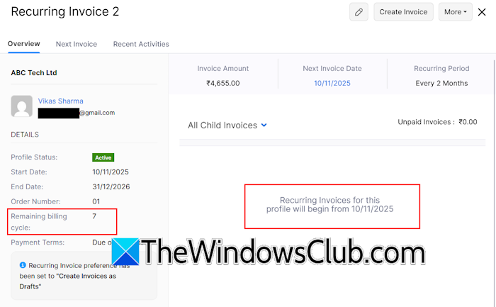 Recurring invoices details Recurring invoices details