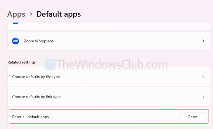 Reset all default apps association