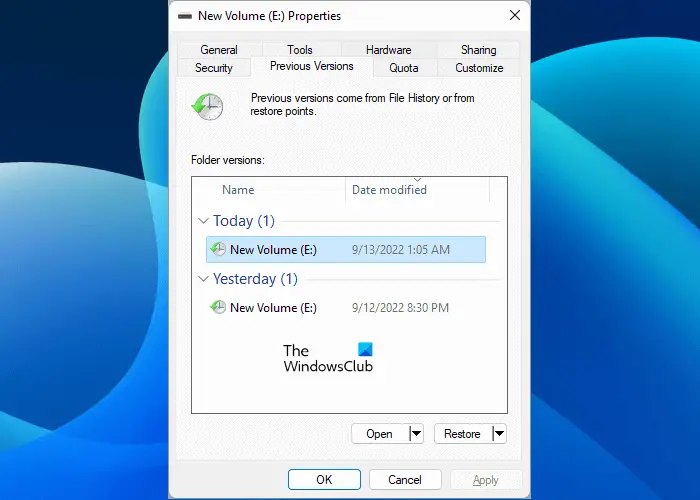 Restore Prvious Versions of a hard disk partition