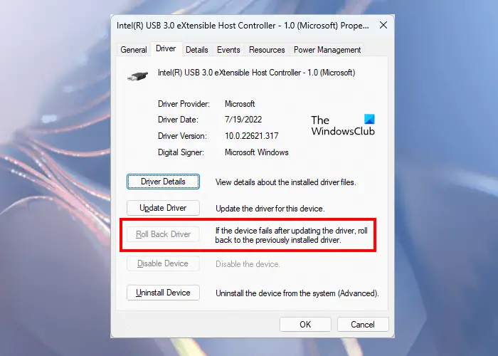 Roll Back USB Controller driver