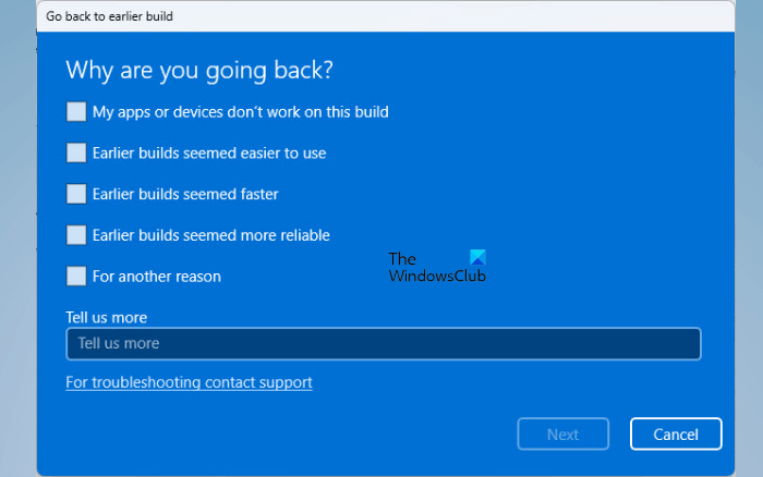 Select an option to rollback Windows 11 2022 Update