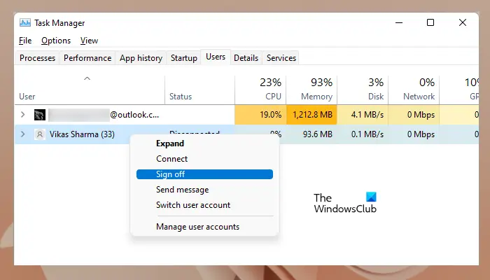 Sign off other user using the Task Manager