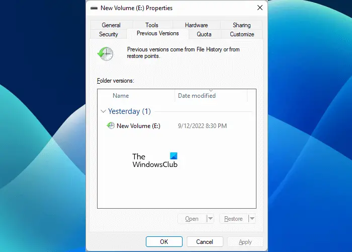 View Previous Versions of a hard disk partition
