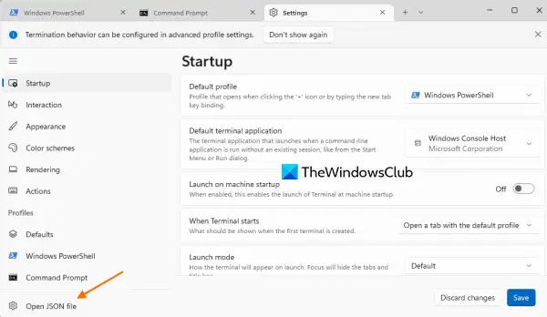 open windows terminal json file