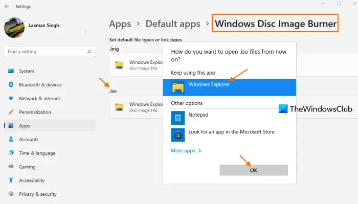 set windows disc image burner as default for iso