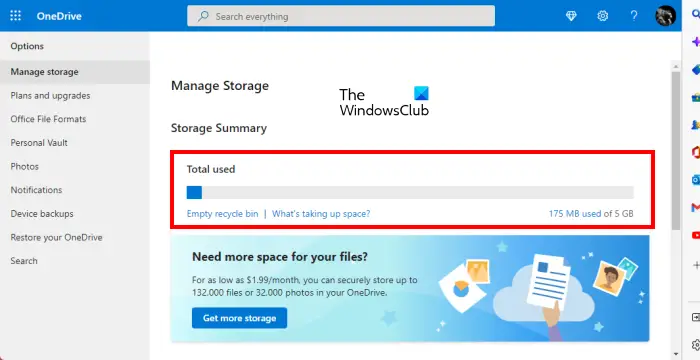 Check used storage space in OneDrive