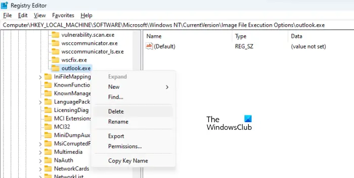 Delete outlook.exe from IFEO in Registry
