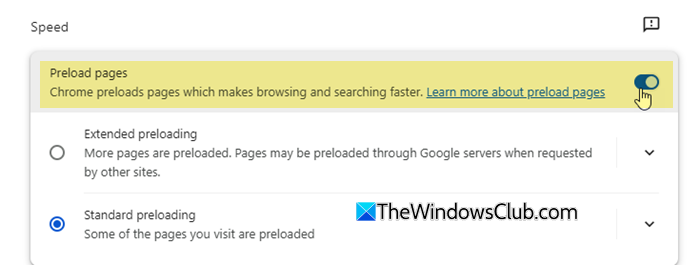 Disable browser preloading Chrome