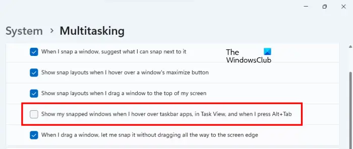 Disabled snapped windows when hover over Taskbar apps