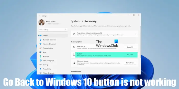 Go back to Windows 10 button not working