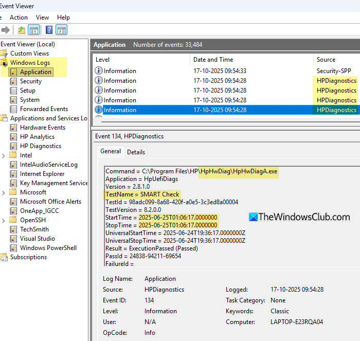 HP PC Hardware Diagnostics in Event Viewer